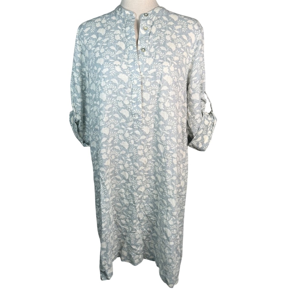Faherty Floral Linen‎ Tunic Dress Womens Size S Blue White Coastal Boho Popover
